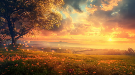 Breathtaking sunset illuminates a vibrant meadow filled with blooming flowers and a solitary tree, creating a serene and enchanting spring landscape