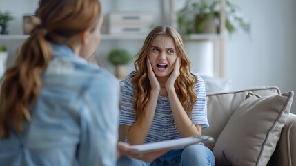 Anxious teenage girl in therapy session, expressing concern and holding her face, interacting with counselor