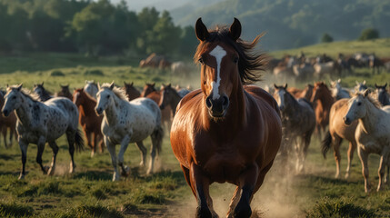 Fototapeta premium Beautiful horse herd gallops on the meadow. A style similar to impressionist painting. Generative AI