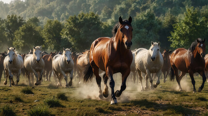 Obraz premium Beautiful horse herd gallops on the meadow. A style similar to impressionist painting. Generative AI