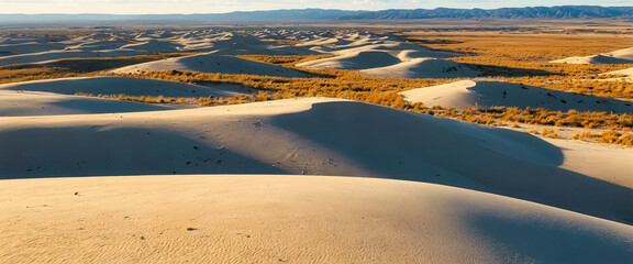 Panorama of dramatic sunset in the desert. Sand dunes against a beautiful sky. Generated AI