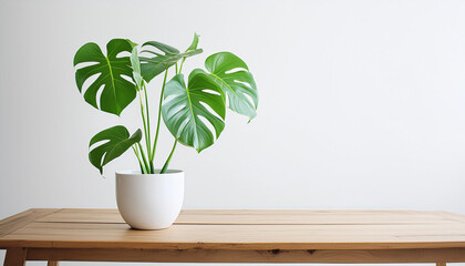Fototapeta premium Beautiful monstera flower in a white pot stands on a wooden table on a white background. The concept of minimalism. Hipster scandinavian style room interior. Empty white wall and copy space