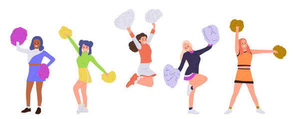 Set of young pretty girls cheerleaders cartoon characters dancing performing with vibrant pompoms
