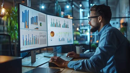 Business colleagues discussing financial data on large monitors in high tech office environment, focused on analytics