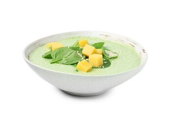 Delicious spinach cream soup with cheese and sesame seeds in bowl isolated on white