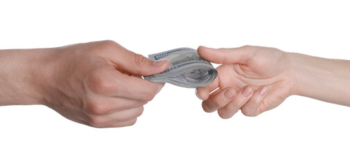 Money exchange. Man giving dollar banknotes to woman on white background, closeup