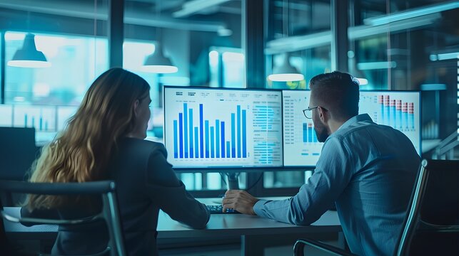 Dedicated professional working on multiple monitors displaying financial graphs and charts in modern office setting