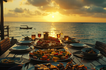 a table set for a dinner with a sunset in the background