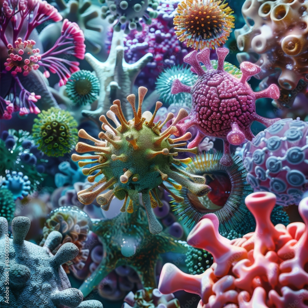 Poster high-resolution virus structures under electron microscope with detailed textures and vibrant colors