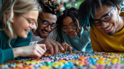 Diverse Group of Friends Solving Puzzle, Close-up of smiling young people of various ethnic backgrounds working on a colorful puzzle together