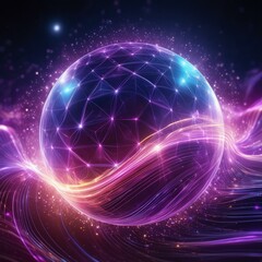 planet in space, Abstract glowing sphere with neon energy waves and particles in purple and pink waves dark background magical sparks.