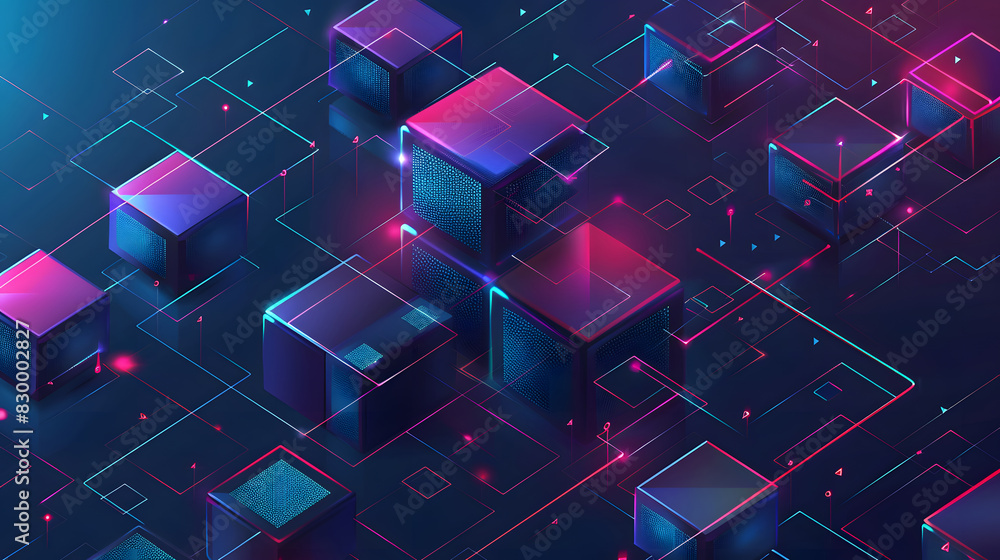 Poster the graphic design element and abstract geometric background with isometric digital blocks. blockcha