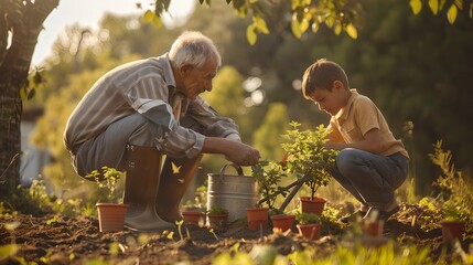 Elderly man and young boy gardening together in a sunny garden. A heartwarming moment. Ideal for family, outdoor activities, and lifestyle themes. AI