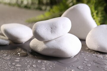 White spa stones with water drops on grey background, closeup