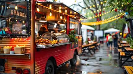 Obraz premium Brightly decorated food truck at a city street fair with festive lights and seating, serving a variety of appetizing street food under a canopy of illuminated strings