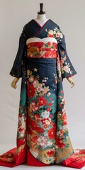 Naklejka premium Traditional Japanese Kimono with Floral Patterns