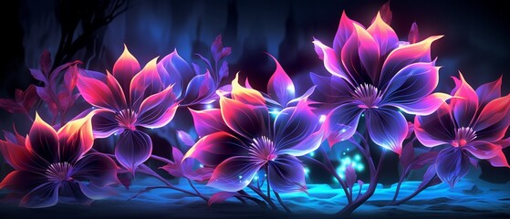 Futuristic floral pattern with holographic flowers and leaves, digital art, neon lights, hightech design 8K , high-resolution, ultra HD,up32K HD