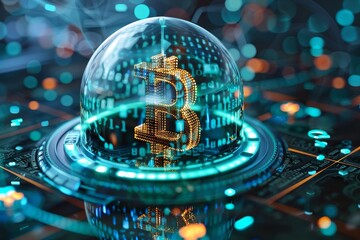 Obraz premium Bitcoin Symbol in Glass, Surrounded by digital elements, Cryptocurrency Concept