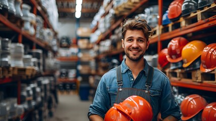 Cheerful salesman in overalls presenting yellow and red safety helmets in a hardware store, surrounded by shelves stocked with protective gear and helmets