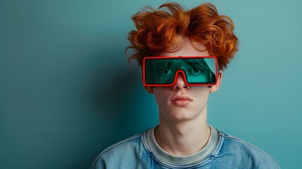 Serious red-haired young man with curly hair wearing futuristic oversized sunglasses, posing against a blue-green background in a stylish outfit