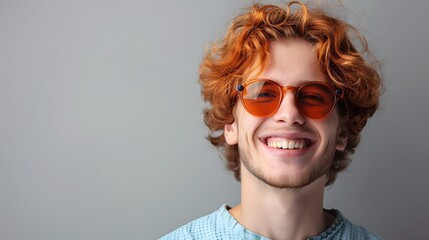 Smiling young man with curly red hair and round orange sunglasses, showcasing a cheerful and confident expression against a light gray background