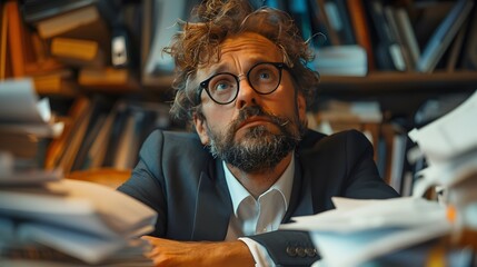 Fototapeta premium Tired businessman with glasses and curly hair looking up in frustration, surrounded by stacks of disorganized documents and books in a cluttered office
