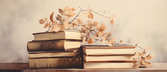 Vintage books with delicate watercolor leaves, sepia tones, retro illustration, nostalgic feel 8K , high-resolution, ultra HD,up32K HD