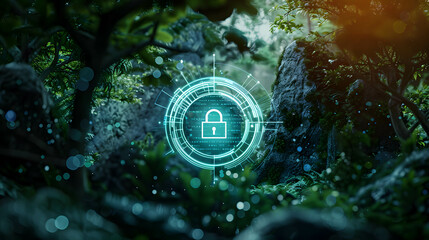 Cyber security and environmental conservation concept, hologram of padlock icon on center, nature and ecosystem background