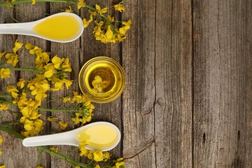 Rapeseed oil in bowl, gravy boats and beautiful yellow flowers on wooden table, flat lay. Space for text