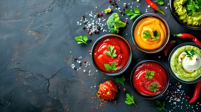 Colorful condiments and sauces for food. Delicious dips display. Bright natural food ingredients for healthy eating. AI