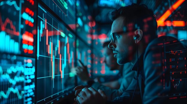 Focused young woman with glasses examining digital financial charts on a large screen, with data visualization in a high-tech environment - Powered by Adobe
