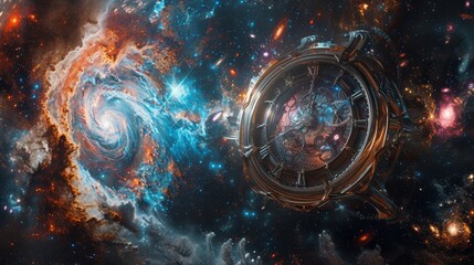 A mesmerizing image of a time travel clock floating amidst the stars and galaxies of the cosmos