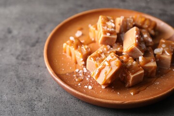 Plate with tasty candies, caramel sauce and salt on grey table, closeup