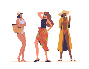 Three Stylish Women In Swimsuits Enjoying A Sunny Summer Day. Female Character Wearing Unique Beach Outfits