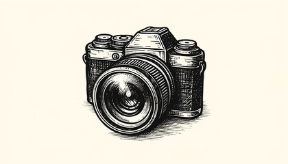 Hand-drawn style illustration of a camera with a lens