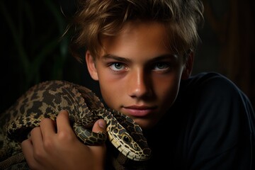 Teenager holding exotic pet snake