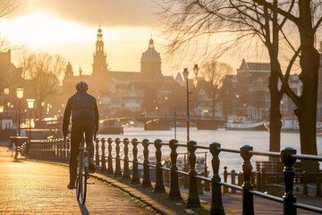 Obraz premium Morning Cityscape Cyclist Ride Along River at Sunrise - Peaceful Urban Outdoor Activity for Health and Relaxation