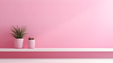 Minimalist Pink Interior Architecture Studio with Decorative Shelves and Potted Plants