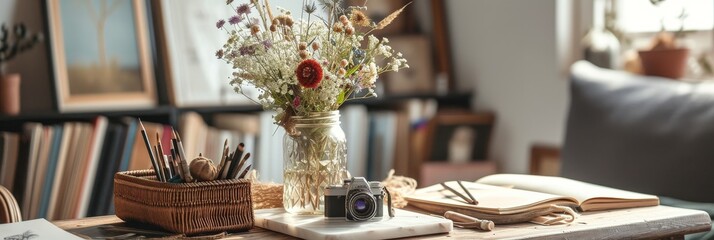 Bohemian style home office desk with wildflower bouquet in mason jar, marble tray with art supplies and vintage camera - Powered by Adobe