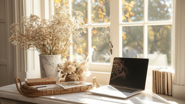 Home office desk positioned by a window, with natural light illuminating the fresh flowers, a marble tray holding a laptop and notepad