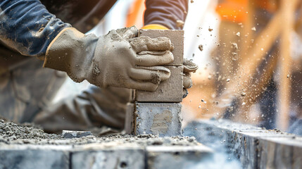 Laying bricks with precision in a masonry construction setting
