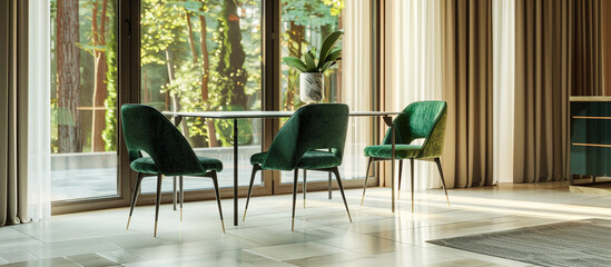 Elegant green velvet dining chairs in a minimalist dining room with neutral tones and large windows, enhancing the overall aesthetic