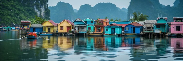 One of Halong Bay floating fishing villages, with colorful houses on stilts and traditional fishing boats - Powered by Adobe