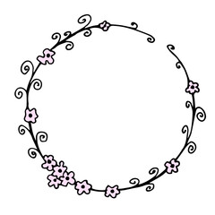 Hand drawn simple black outline vector illustration. Round floral frame. Wreath of pink flowers, swirls. For printing labels, postcards, invitations. Ink sketch.