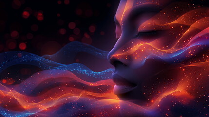 Dreamy Abstract Portrait of a Woman's Face with Ethereal Light Waves and Sparkling Effect, in Vibrant Blues and Oranges, Perfect for Holiday, Spiritual, and Futuristic Design Themes
