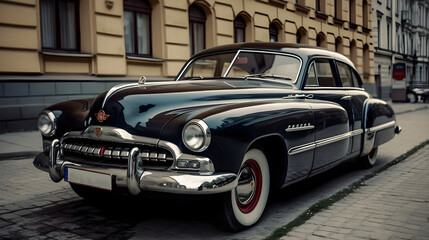 Classic Black Vintage Car Parked on European Cobblestone Street with Historical Building Background on a Sunny Day