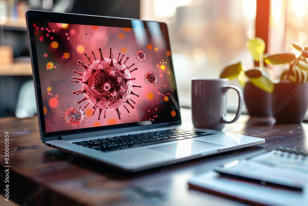 Poster Laptop Displaying Virus Tracking Website Amid Coffee Cup and Notepad for Productive Workspace Concepts