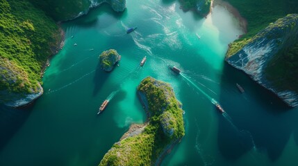 Panoramic shot of Halong Bay showcasing its iconic limestone karsts rising from the emerald waters