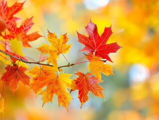 Obraz premium Brightly colored fall leaves in the warm sun, close-up