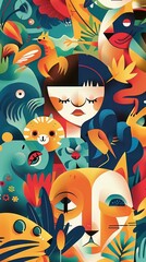 Naklejka premium Animal theme with diverse human interactions, stylized and straightforward design, playful tones